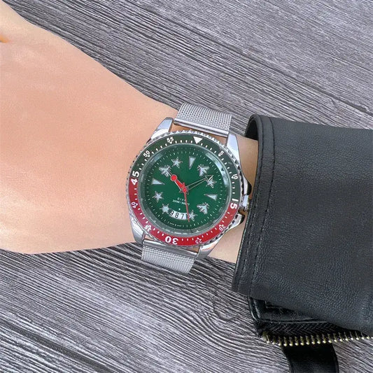 Man green star Dial wristwatch with steellees steel band