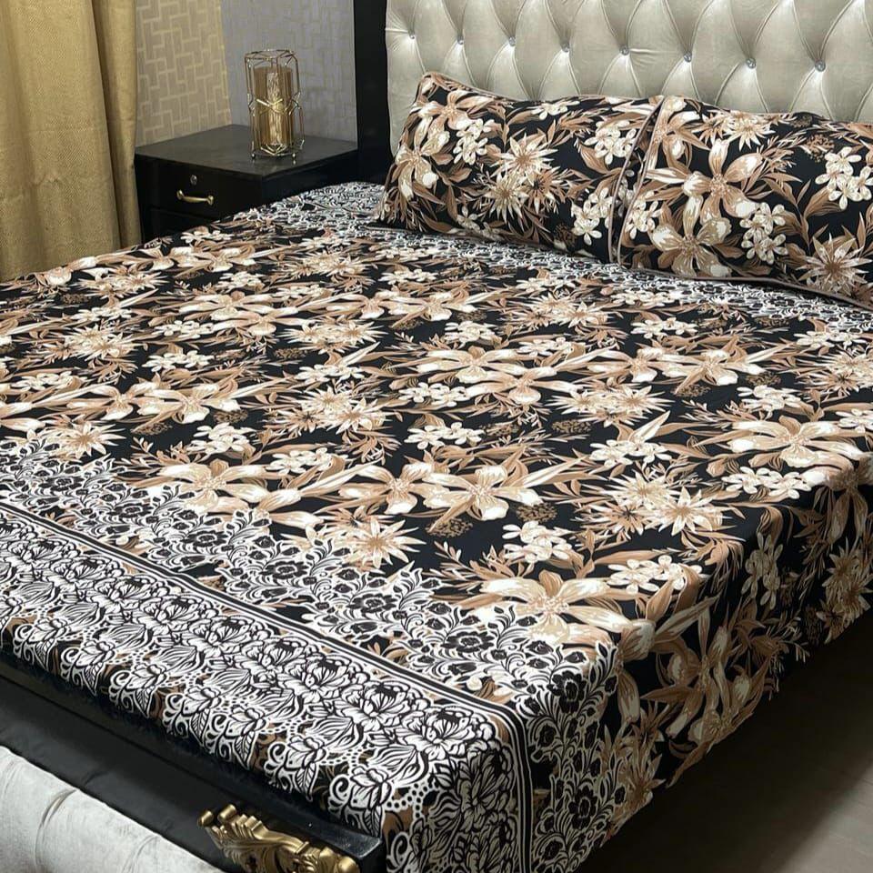 Cotton crystal printed Double Bedsheet set black floral