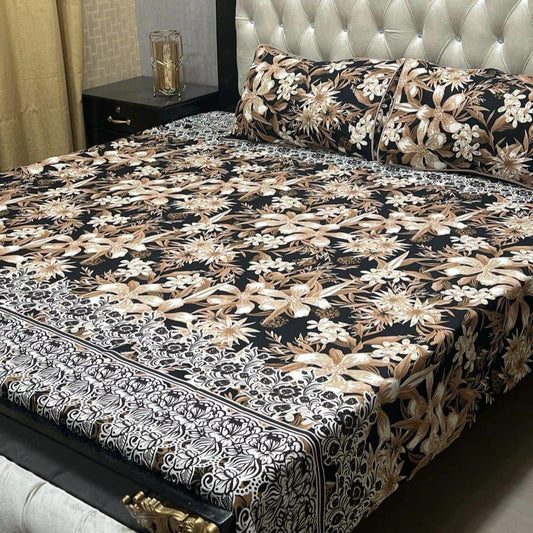 Cotton crystal printed Double Bedsheet set black floral